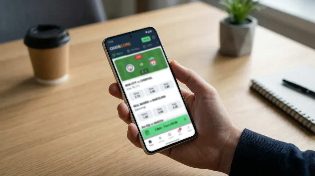 Smartfon z aplikacją bukmacherską na ekranie
