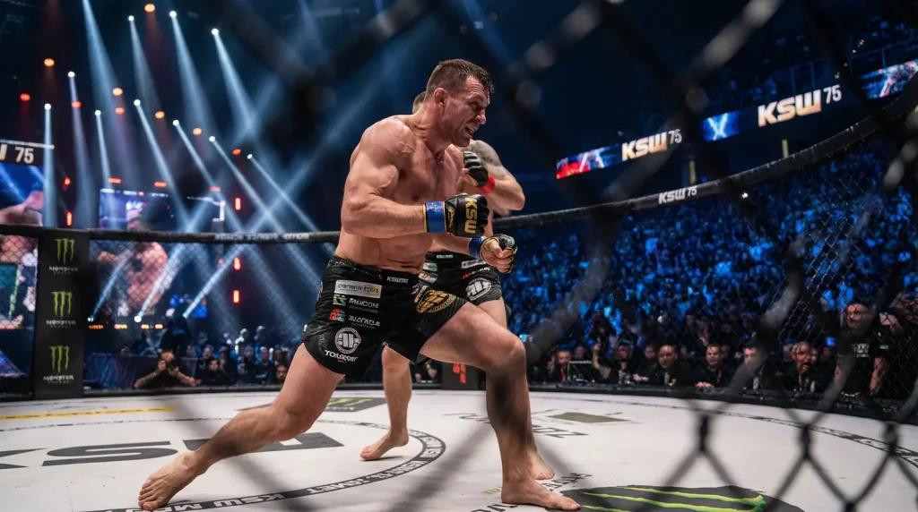 Zawodnik MMA w klatce podczas walki na gali KSW