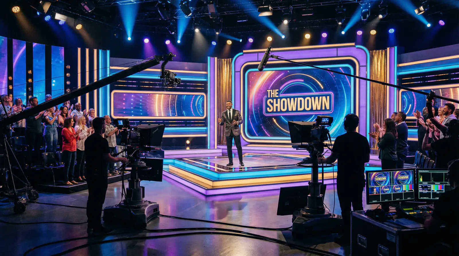 Studio telewizyjne z prowadzącym program rozrywkowy
