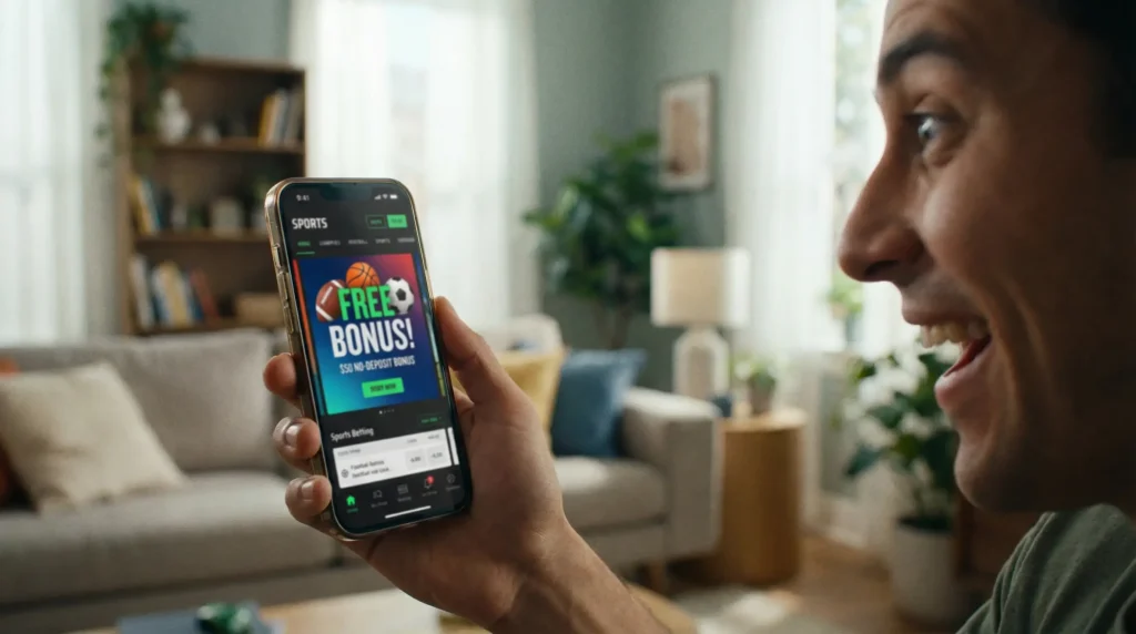 Smartfon z aplikacją bukmacherską pokazujący darmowy bonus powitalny