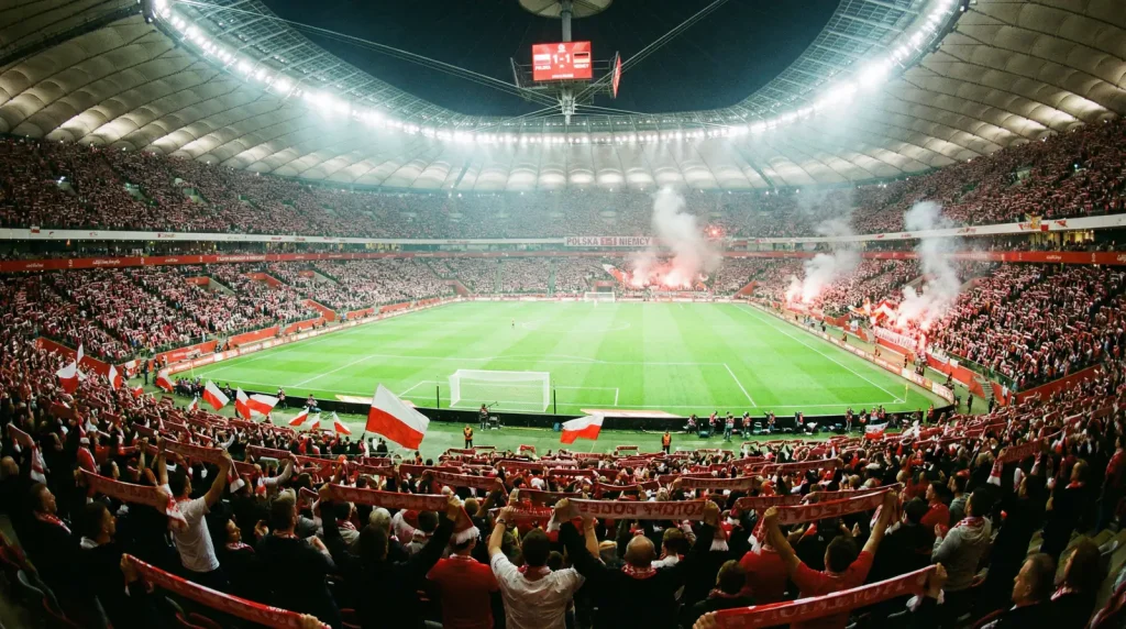 Widok na zapełniony stadion piłkarski podczas wieczornego meczu