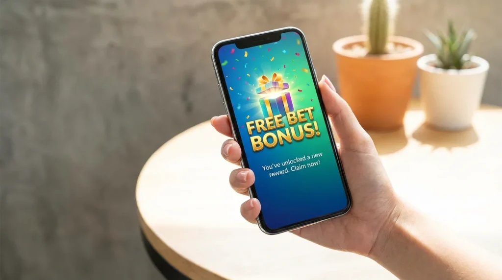 Smartfon z powiadomieniem o otrzymaniu darmowego zakładu