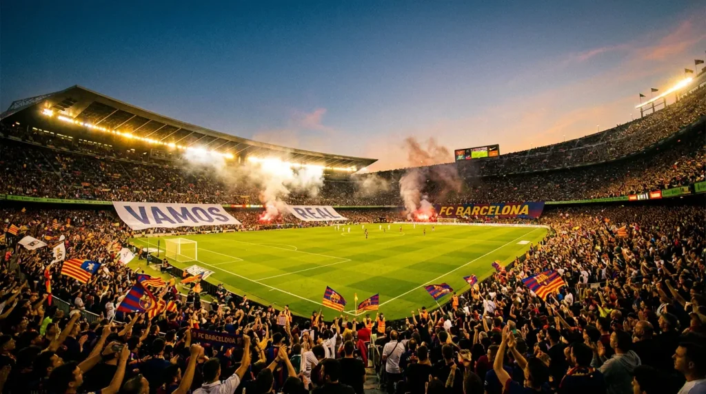 Stadion piłkarski La Liga podczas wieczornego meczu z kibicami na trybunach