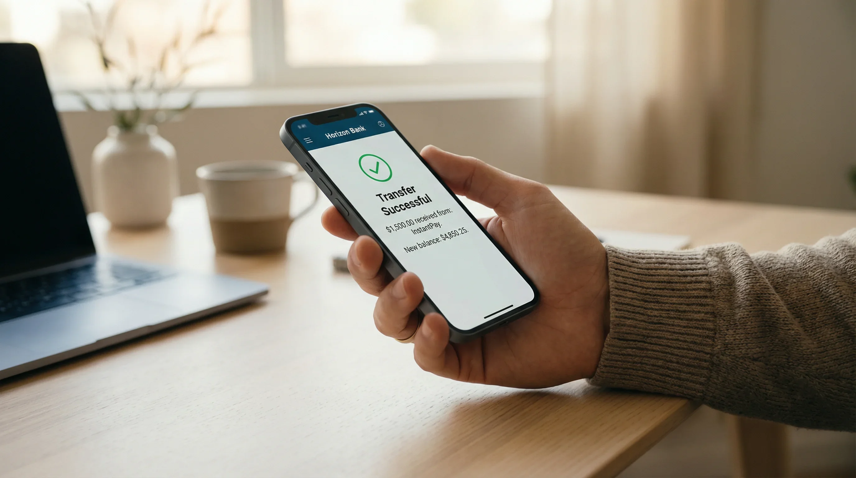 Osoba sprawdzająca powiadomienie o przelewie na smartfonie