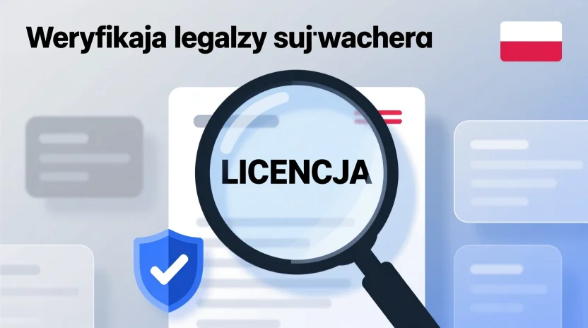 Koncepcja weryfikacji legalności bukmachera z lupą analizującą dokument licencji hazardowej