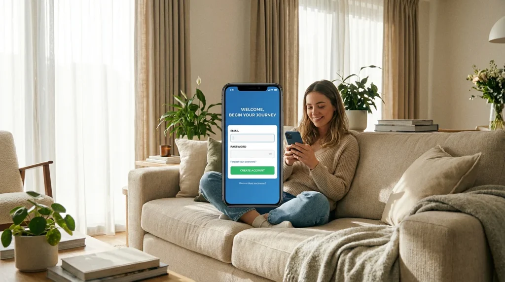 Młoda osoba rejestrująca się u bukmachera na smartfonie