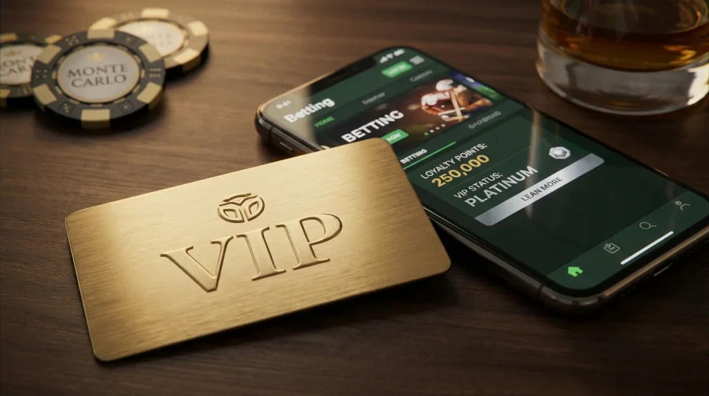 Karta VIP i smartfon z aplikacją bukmacherską pokazującą punkty lojalnościowe