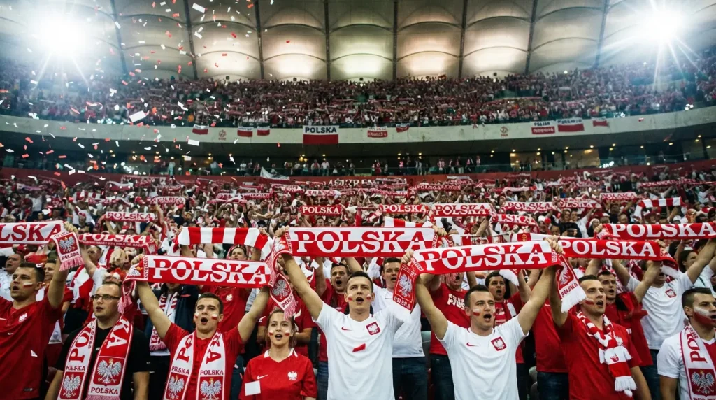Kibice na stadionie dopingujący polską reprezentację piłkarską