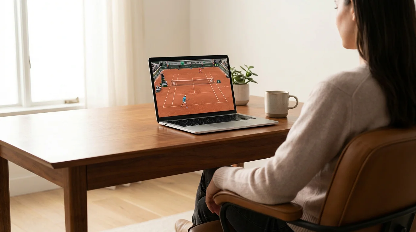 Osoba oglądająca transmisję meczu tenisowego na laptopie