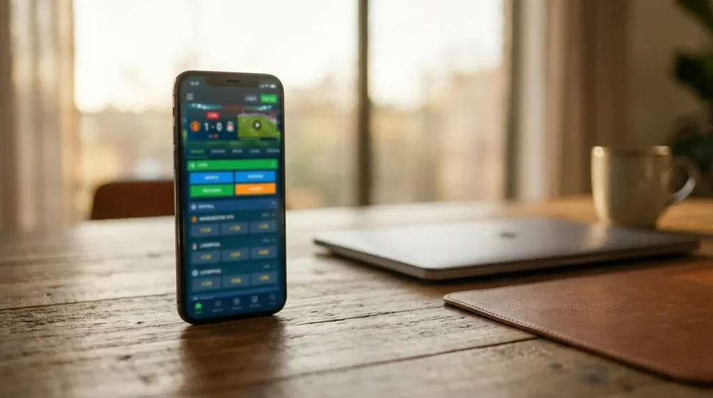 Aplikacja mobilna Superbet na smartfonie z kursami na mecz piłkarski