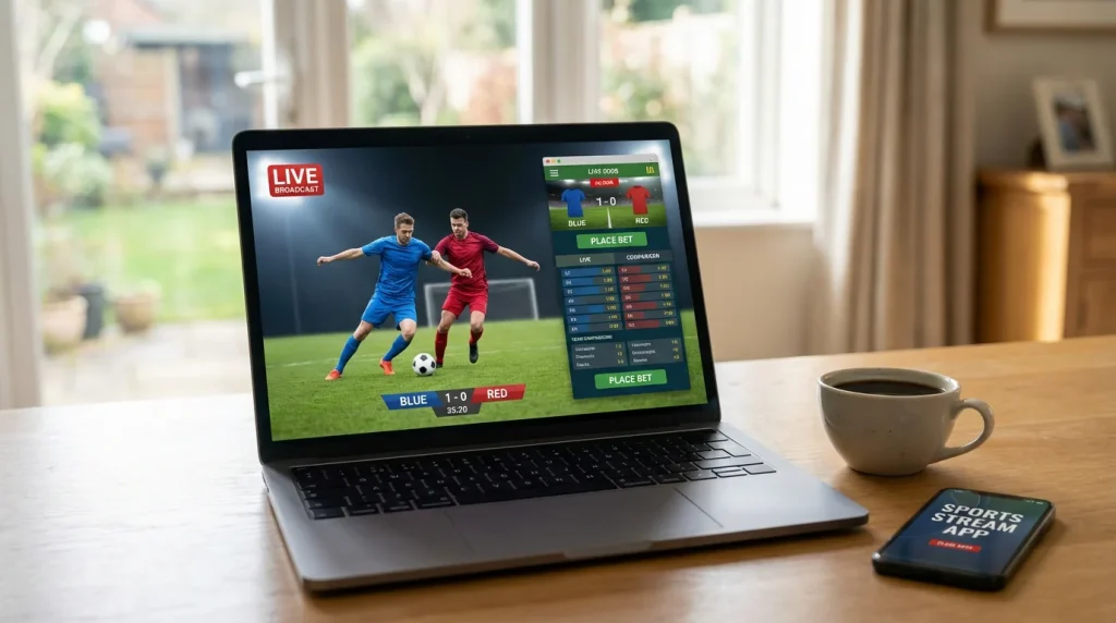 Oglądanie transmisji sportowej na laptopie z aplikacją bukmacherską