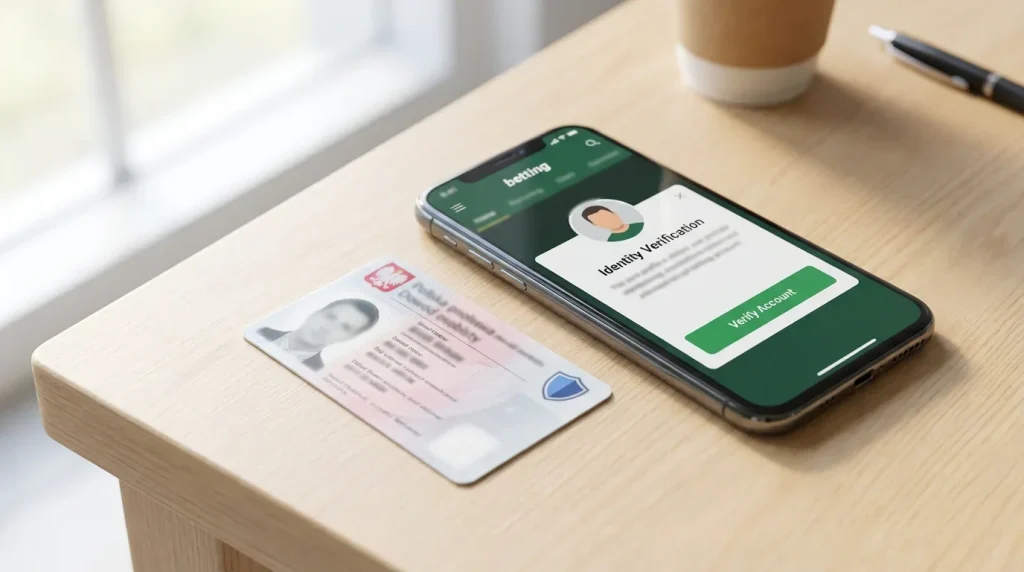 Dowód osobisty i smartfon z aplikacją bukmacherską
